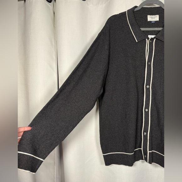 American Eagle Long Sleeve Tipped Waffle Grey and White Sweater Polo Cardigan XL - Picture 6 of 9